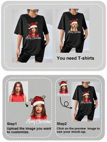 Camiseta en blanco personalizada de Navidad para mujer, sin fondo e imprime tu diseño con patrón de gorro de Papá Noel, cuello redondo suelto de manga corta