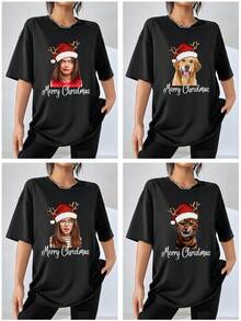 Camiseta en blanco personalizada de Navidad para mujer, sin fondo e imprime tu diseño con patrón de gorro de Papá Noel, cuello redondo suelto de manga corta