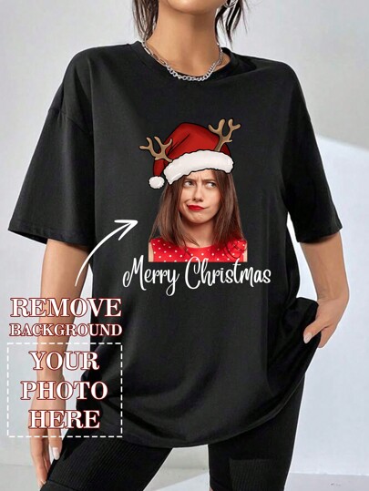 Customized Christmas Blank T-Shirt For Women, Remove Background & Print Your Design With Santa Hat Pattern, Loose Round Neck Short Sleeve