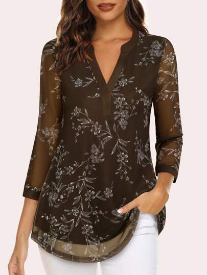 CheersLife Women's 3/4 Sleeve Blouses Casual V Neck Dress Shirts Double Layers Mesh Tunics Tops