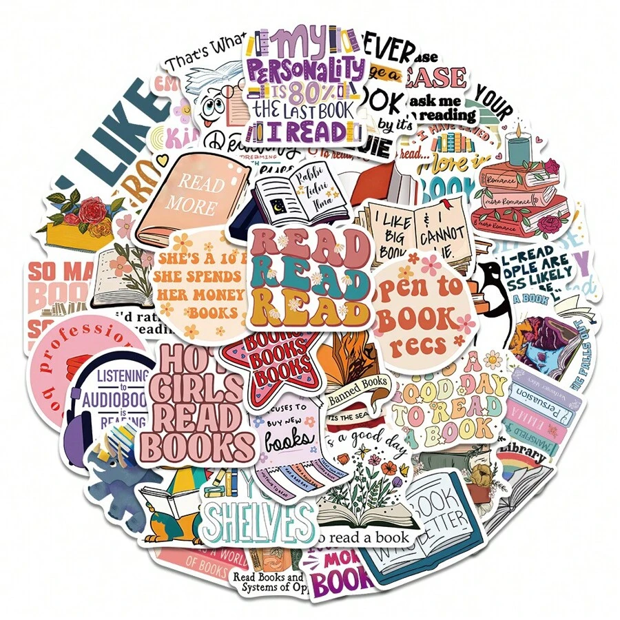50张卡通阅读贴纸，适用于书籍、Kindle、黑胶唱片、水瓶、吉他、行李箱、手机、笔记本电脑，是绝佳的礼品。