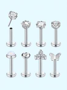 6-8PCS 18G 16G Push In Theadless Nose Rings Studs Hypoallergenic Flat Back Nose Piercing - Silver - View 9