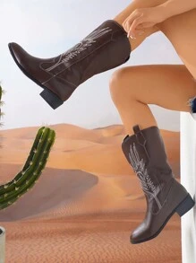 秋冬新款美式复古刺绣尖头西部靴，个性化高端深棕色皮革朋克高帮靴，粗跟骑马靴，时尚朋克风切尔西靴，牛仔靴 - 咖啡棕 - 查看 5