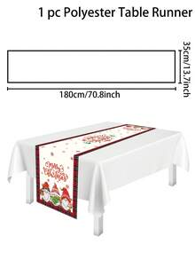 1 khăn trải bàn Giáng sinh, viền kẻ caro có chú lùn giữ quà, họa tiết quả bóng Giáng sinh, dòng chữ "Merry Christmas", chất liệu polyester, trang trí bàn tiệc Giáng sinh mùa đông tại nhà và phòng ăn - Nhiều màu - Xem 13