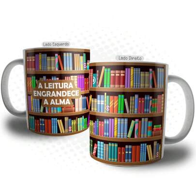 Caneca de Leitura, Biblioteca de Leitores, Leitura de Estante de Livros - Caneca de Café de Cerâmica com Frase "A Leitura Enriquece a Alma" - Incentivo à Leitura,