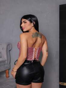 Cropped Corset With Glittery Shine And Lace-Up Back - 淺粉色 - 查看 2