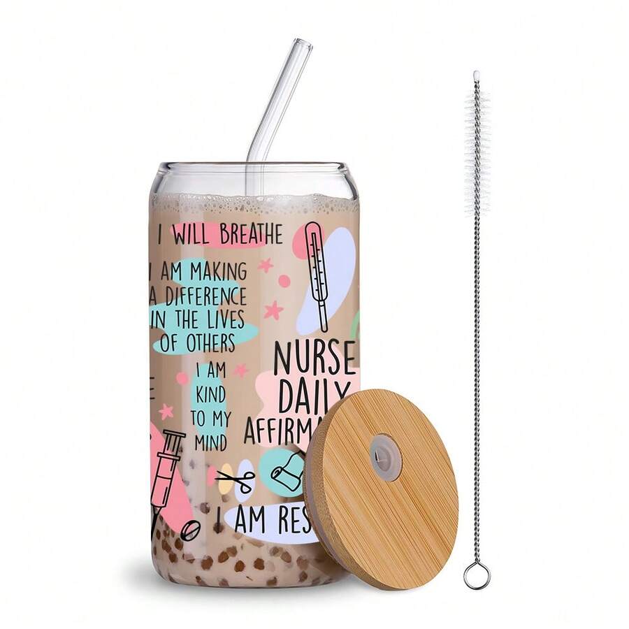 1 件 16 盎司便携式简易玻璃水瓶咖啡杯带吸管和盖子，礼品杯，可爱有趣图案透明玻璃水杯，饮水杯啤酒杯，可重复使用，送给家人、朋友的节日礼物，护士节，送给护士的节日礼物 - 透明 - 查看 1