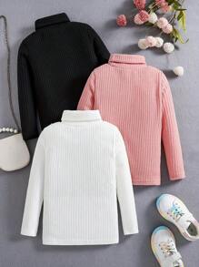 3 件装年轻女孩简约保暖高领长袖上衣，白色和粉色和黑色纯色条纹柔软休闲内衣，适合日常穿着，防风保暖外套和户外分层单品，年轻女孩服装