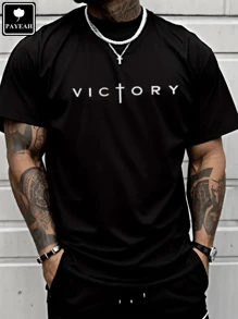 Men's Letter Print T-Shirt, Round Neck, Short Sleeves, Summer T-Shirt, Thick Pure Cotton Top. - White - View 8