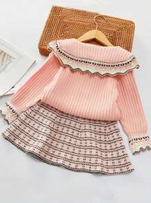 2pcs Young Girls Fashionable Collared Knitted Sweater And Ruched Skirt Set, Autumn/Winter - Pink - View 2