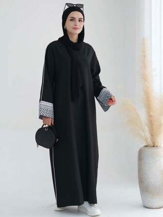 1pc Elegant Polyester Modest Islamic Printed Closed Abaya Dress Robe Kaftan