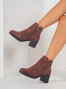 Plus Size Women's Casual Suede Thick Heel Round Toe Side Zip High Heel Ankle Boots - Burgundy - View 6