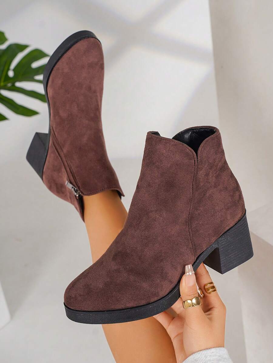 Plus Size Women's Casual Suede Thick Heel Round Toe Side Zip High Heel Ankle Boots - Burgundy - View 1
