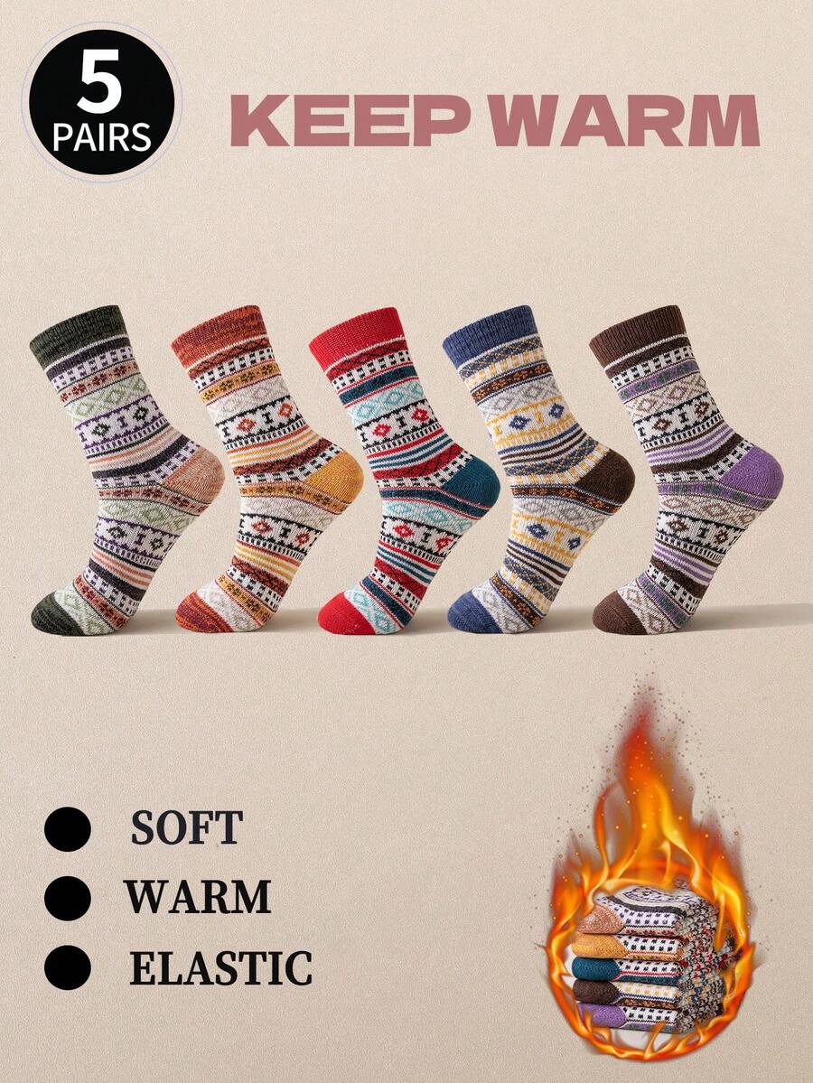 5 双女士中筒厚保暖袜，复古波西米亚风格，适合日常穿着，秋冬季 - 彩色 - 查看 1