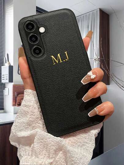 Customized Personalized Phone Case, Compatible With Samsung Galaxy S26 S25 S24 S23 S22 S21 Ultra Plus S23 FE S21 S20 FE A55 A54 A53 A52 A51 A35 A34 A33 A32 A15 A14 A13 A12 A03 A21S 5G 4G, Korean Luxury Genuine Leather Shock-Proof Phone Case, Customizable With 3D DIY Carved Gold Letter Foil Printing