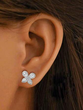 1 Pair S925 Sterling Silver Bowknot Full Diamond Stud Earrings, Minimalist Design With High-End Aesthetics, Suitable For Daily Wear, Women Jewelry