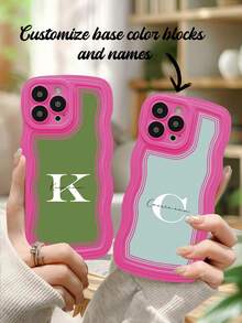 1 件定制波浪纹理手机壳，带姓名文字，适用于 16、15、14、13、12、11 Pro Max 粉色 - 玫紅色 - 查看 3