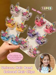 Bộ 12 kẹp tóc công chúa kỳ lân cát lún nhiều màu sắc cho trẻ em, dây buộc tóc, kẹp tóc phụ kiện tóc - Nhiều màu - Xem 2