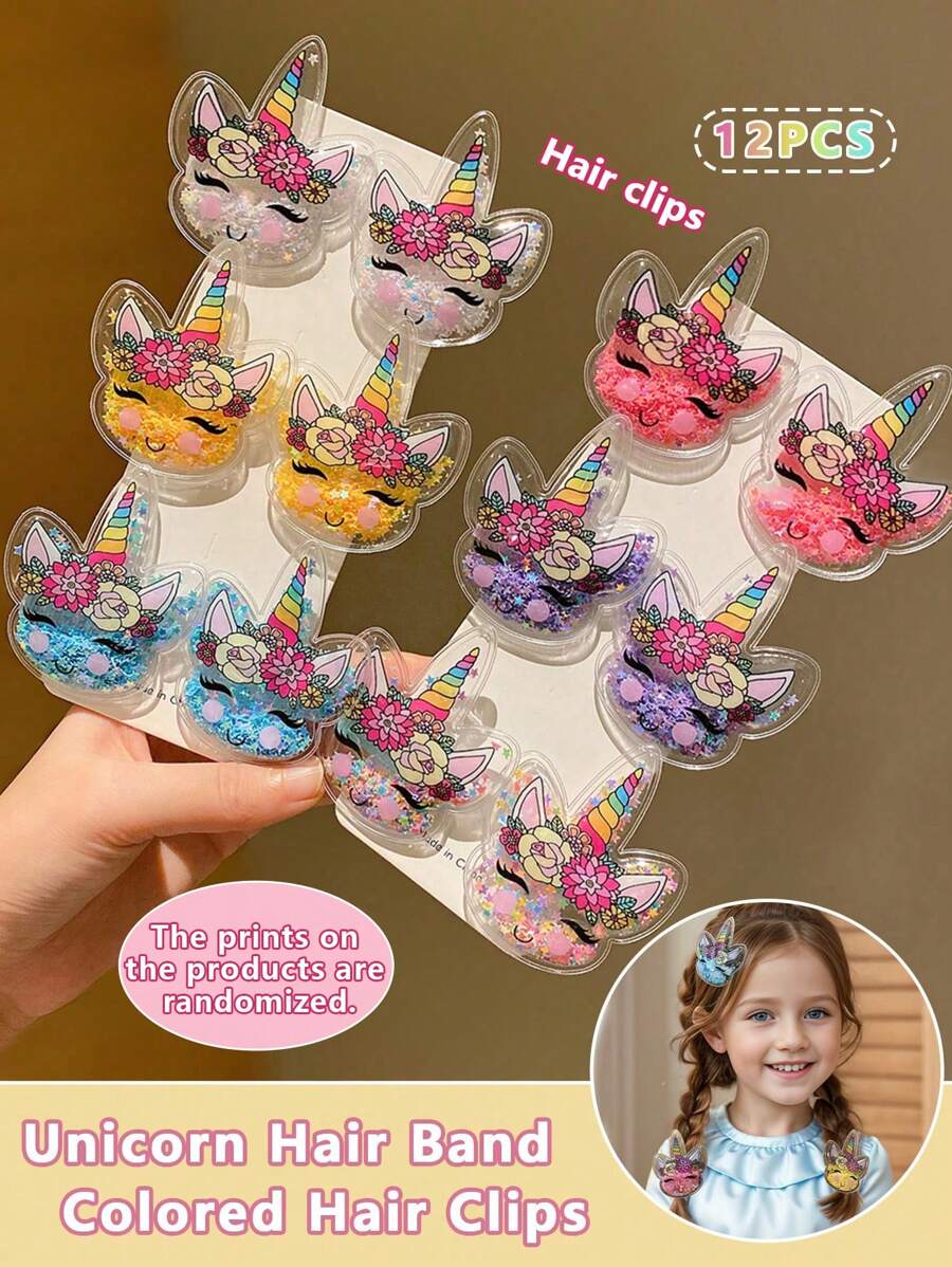 Bộ 12 kẹp tóc công chúa kỳ lân cát lún nhiều màu sắc cho trẻ em, dây buộc tóc, kẹp tóc phụ kiện tóc