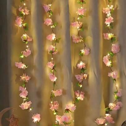 1件装人造樱花藤蔓灯，悬挂式花带灯，仿真樱花灯，适用于家居、卧室、花园墙面、室内/室外婚礼、生日、万圣节和感恩节装饰