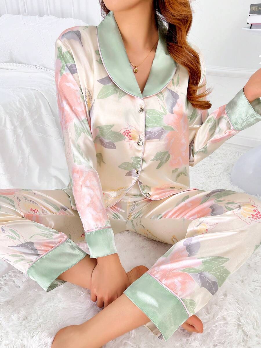 Satin Simulation Silk Lotus High-End Breathable Silk Slip Pajamas For Women, Soft Simulation Silk Suit Set Can Be Worn Externally - 混合色 - 查看 1