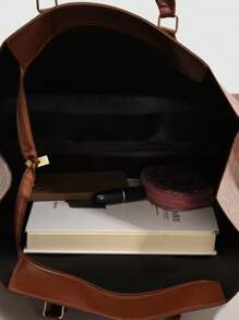 时尚蛇纹图案四季皆宜旅行购物手提包，超大号手提包 - 咖啡棕 - 查看 7