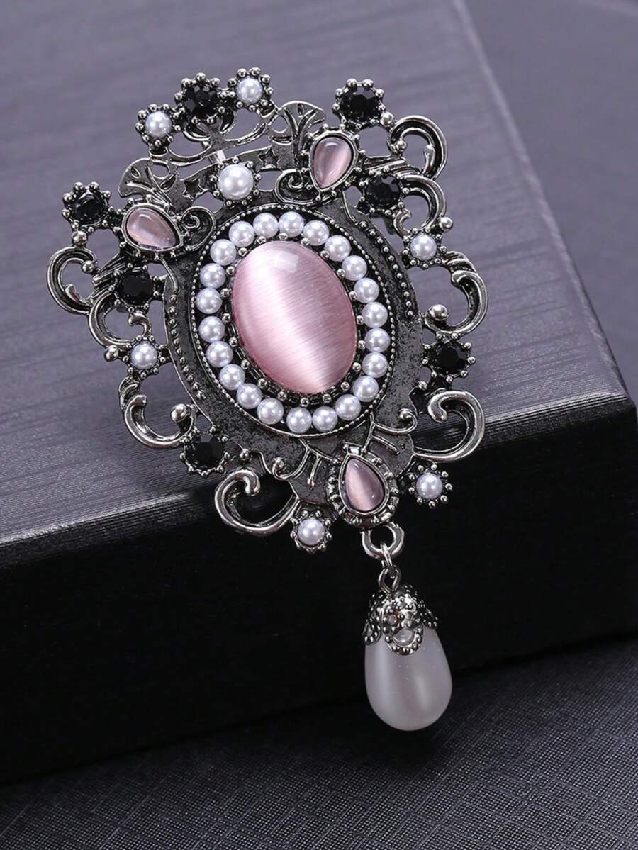 Broche vintage exquisito con estilo de palacio e incrustación de gemas, accesorio femenino versátil y elegante - Púrpura polvoriento - Ver 1