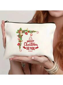 1 pieza Bolso ligero y elegante con diseño único impreso de árbol de Navidad, Papá Noel y renos, personalizables, perfecto para teléfono, cosméticos, monedero, embrague, neceser, esencial para viajes, con diseño de letra adorable