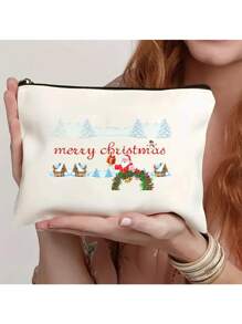 1 pieza Bolso ligero y elegante con diseño único impreso de árbol de Navidad, Papá Noel y renos, personalizables, perfecto para teléfono, cosméticos, monedero, embrague, neceser, esencial para viajes, con diseño de letra adorable