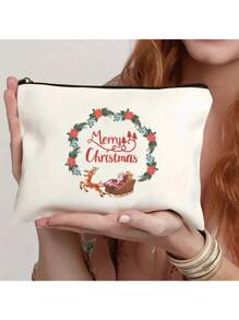 1 pieza Bolso ligero y elegante con diseño único impreso de árbol de Navidad, Papá Noel y renos, personalizables, perfecto para teléfono, cosméticos, monedero, embrague, neceser, esencial para viajes, con diseño de letra adorable