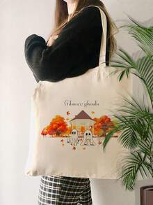 VOESETO 1 件星星镂空秋叶吉尔摩图案手提包单肩包适合旅行日常通勤女士可重复使用的购物袋，送给她的最佳礼物，送给朋友老师姐妹母亲女儿的圣诞礼物 - 米色 - 查看 3