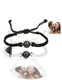 2pcs Custom Photo Projection Adjustable Bracelet With Magnetic Heart-Shaped Pendant, Couples Gift For Christmas