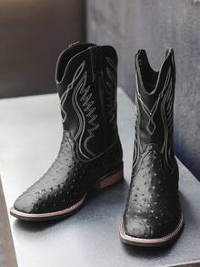Men's Cowboy Boots, Western Boots, Square Toe High Heel Pull-On Fashion Embroidered Ankle Boots, Suitable For Spring And Autumn