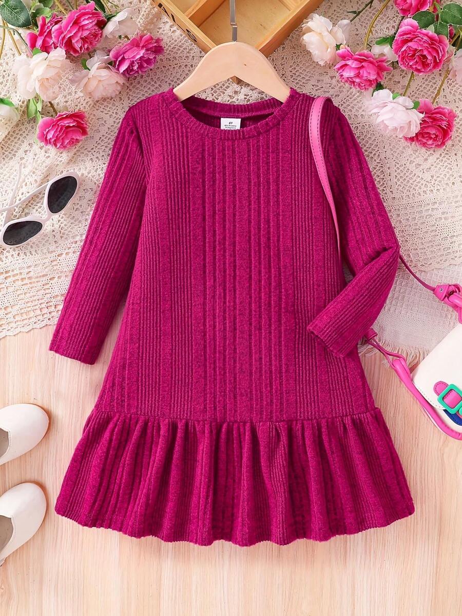 女童时尚简约春秋连衣裙，少女纯色竖条纹圆领长袖针织中长休闲连衣裙，女童日常简约百搭活力童装，青少年户外街头优雅优雅两用装