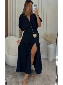 Women's V-Neck Midi Dress Longuette Slit Fashion Blogger - 黑色 - 查看 1