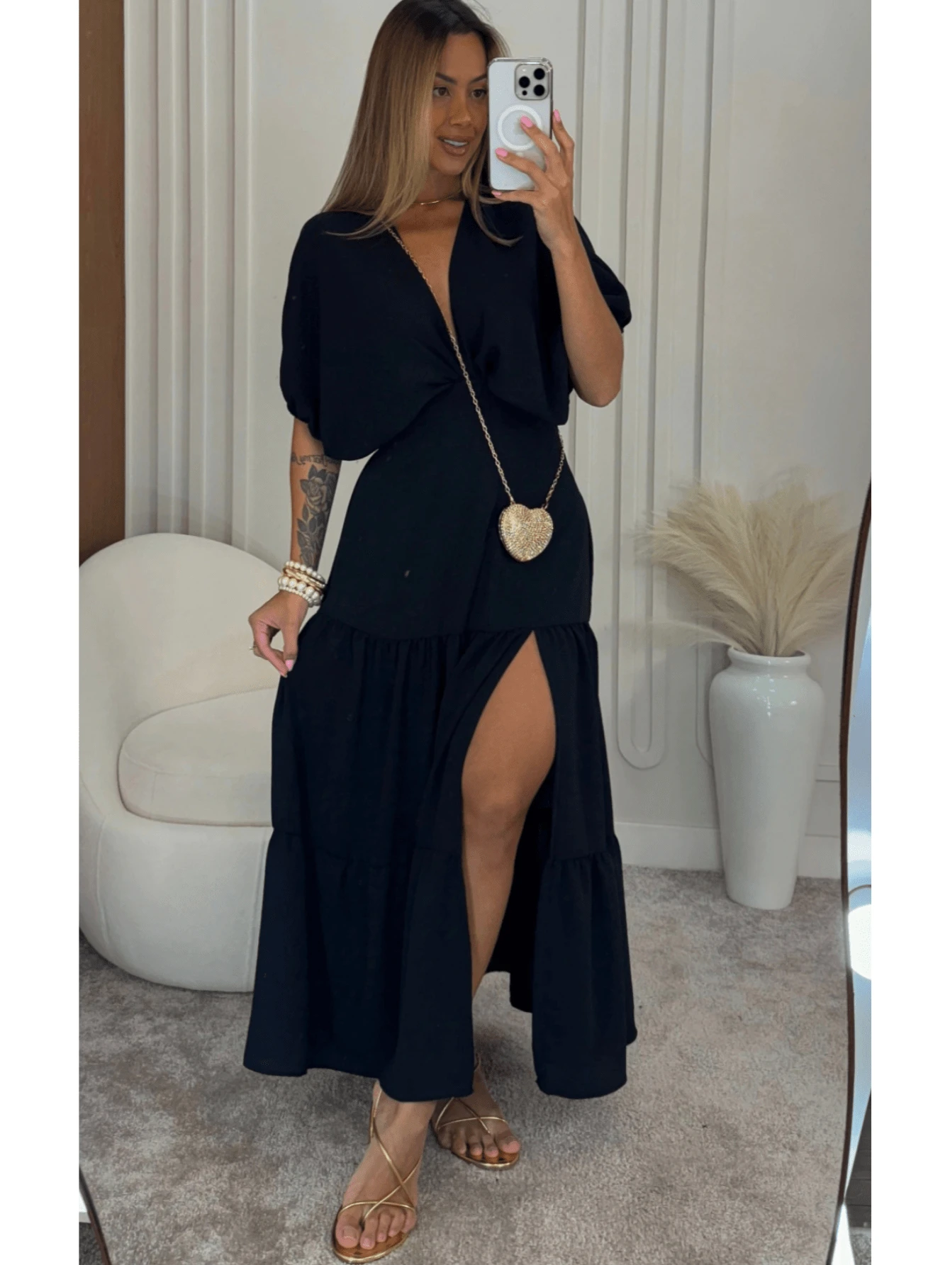 Women's V-Neck Midi Dress Longuette Slit Fashion Blogger - 黑色 - 查看 1