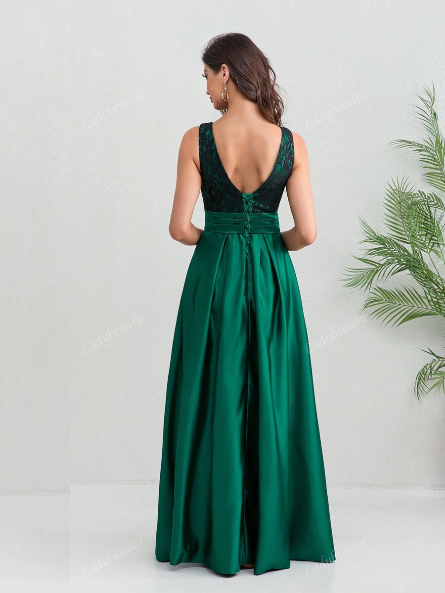 Women Dress Taffeta Lace Long Evening Backless Sleeveless Prom Party