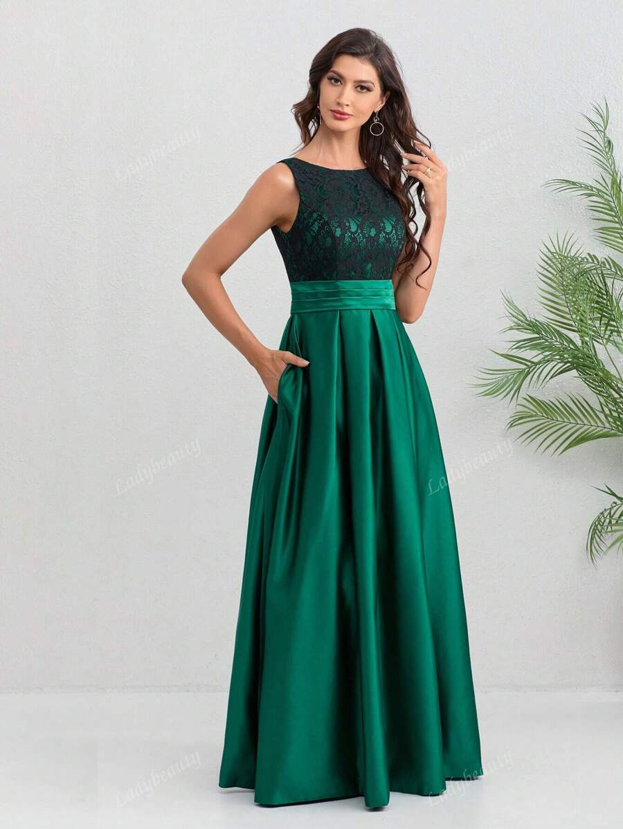 Women Dress Taffeta Lace Long Evening Backless Sleeveless Prom Party
