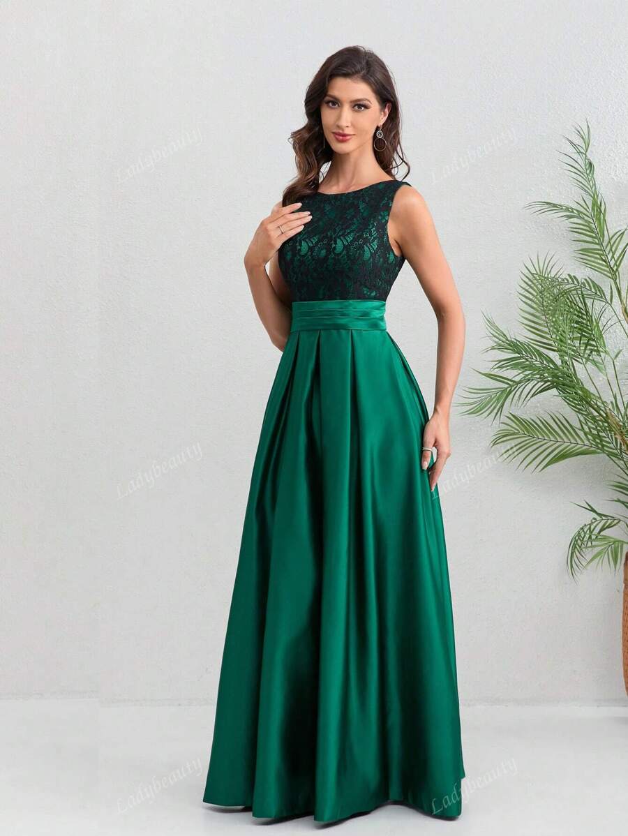 Women Dress Taffeta Lace Long Evening Backless Sleeveless Prom Party