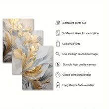 Set Of 3 Unframed Luxury Golden And White Leaves Poster, Waterproof Canvas Wall Art, Artwork Wall Painting For Gift, Wall Picture For Living Room, Bedroom, Dining Room, Kitchen, Office, Bathroom, Wall Decor Aesthetic,Home And Dormitory Decoration