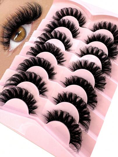 7 pares/paquete Pestañas rusas con rizo DD, pestañas postizas voluminosas y gruesas, rizadas y esponjosas, pestañas postizas de visón artificial 3D con aspecto de ojos de gato, pestañas postizas de volumen 8D para dar un aspecto de ojos talla grande abiertos y alargados, tiras de pestañas postizas para alargar y dar volumen a la parte exterior del ojo para un maquillaje de belleza