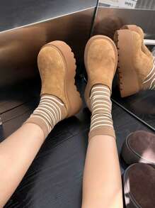 Women Slip On Mules, Increased Height Thick Sole Suede Fleece Closed Toe Platform High Heel Warm Winter Shoes, Versatile Autumn/Winter New Style