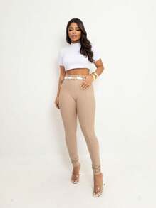 Women's Skinny Pants Tight Fit High Waist Pockets Chic Fashion Clothing - 米色 - 查看 3