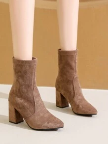 New Autumn/Winter Pointed Toe Khaki Ankle Boots, Chunky Heel, Slip-On, & Versatile, Elegant French Style Casual Fashion Boots, Slim Leg - Khaki - View 5