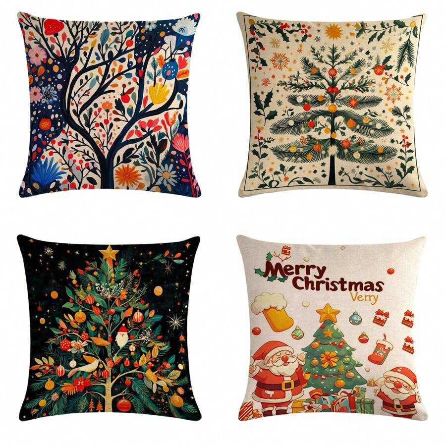 1 件圣诞树与元素 3D 印花装饰枕套，3 种尺寸适用于沙发、榻榻米装饰（不含枕芯） - 彩色 - 查看 1