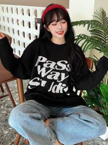 Letter Print Black Oversized Round Neck Long Sleeve Long Sweater For Women, Autumn/Winter,Long Sleeve Tops - Black - View 2