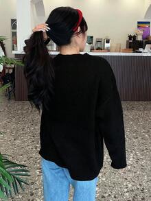 Letter Print Black Oversized Round Neck Long Sleeve Long Sweater For Women, Autumn/Winter,Long Sleeve Tops - Black - View 7