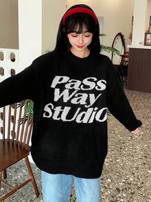 Letter Print Black Oversized Round Neck Long Sleeve Long Sweater For Women, Autumn/Winter,Long Sleeve Tops - Black - View 10