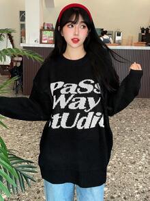Letter Print Black Oversized Round Neck Long Sleeve Long Sweater For Women, Autumn/Winter,Long Sleeve Tops - Black - View 8