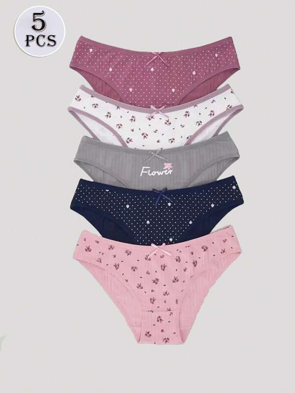 5pcs Low Waist Ribbed Floral & Polka Dot Print Seamless Ladies' Underwear Briefs